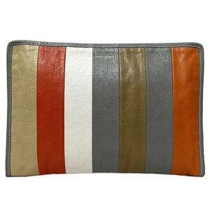 Balenciaga Clutch Bag Gray White Leather Handbag Stripe Multicolor